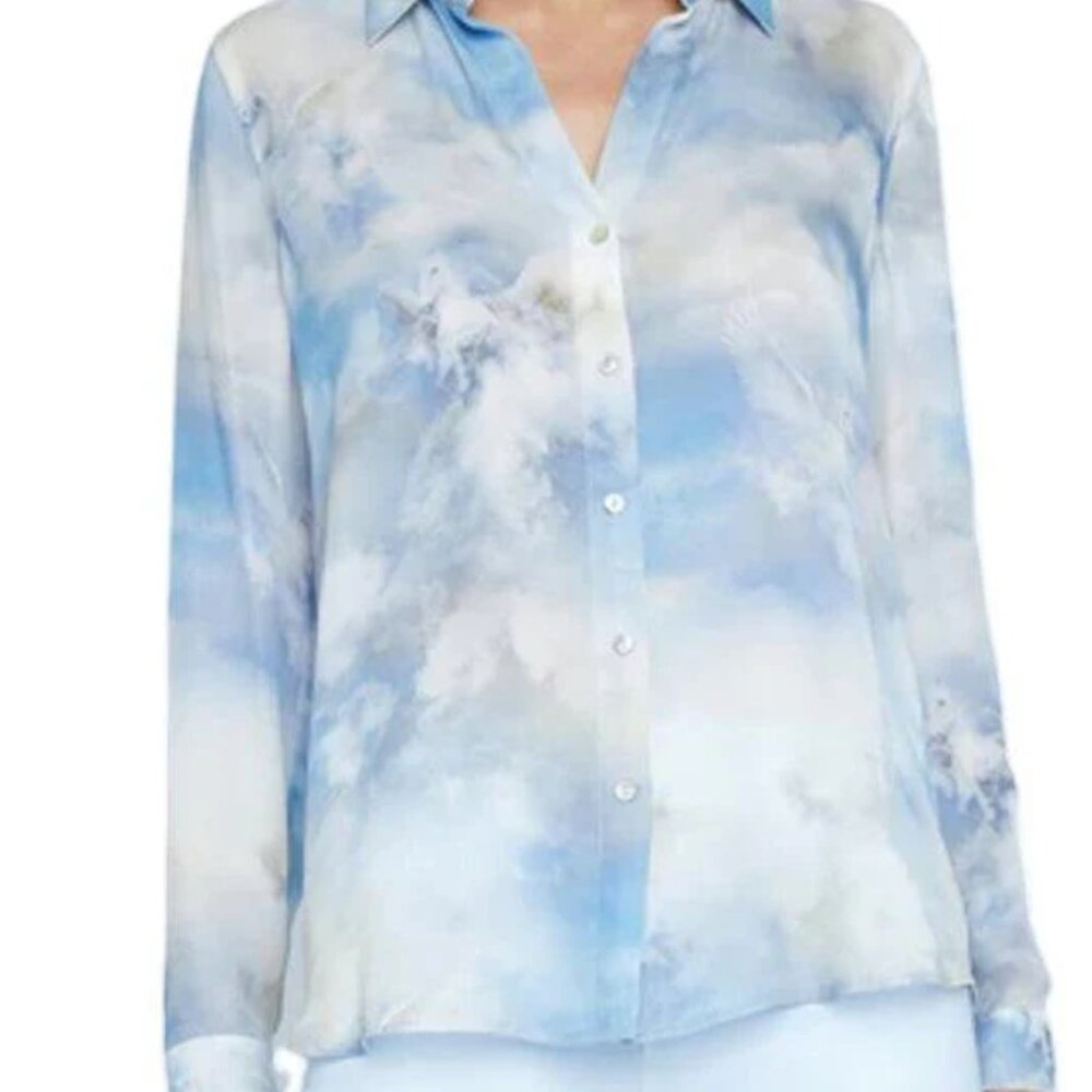 L'AGENCE "Nina" Luxe Blue Silk Crepe Pegasus Cloud Shirt Top Blouse Size M